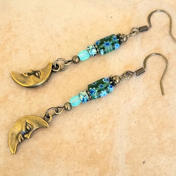 Crescent MOON Face Charm Earrings Millefiori Picasso Bronze Plated Hook Earwires - Picture 7 of 13